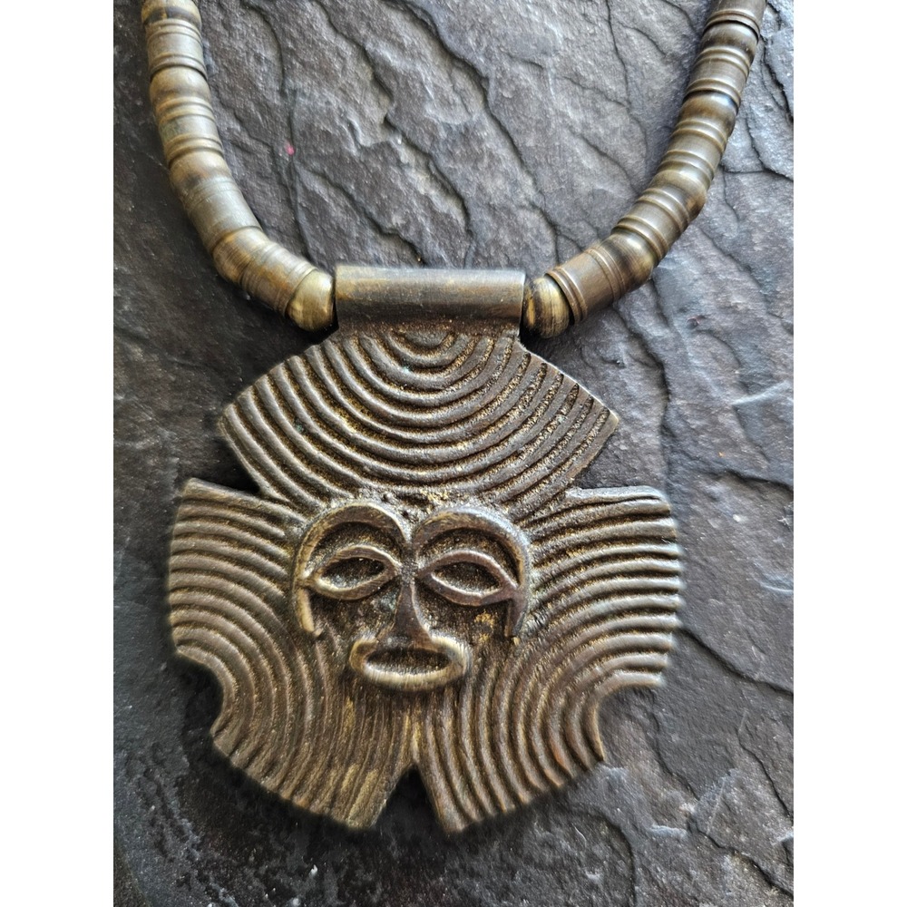 Vintage West African Brass Mask Pendant Necklace Heishi Beads Stone Toggle
